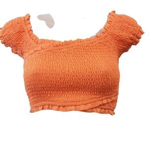 BCBGeneration Crop Top Women's SMALL Orange Smocked Off-The-Shoulder Stretch NEW